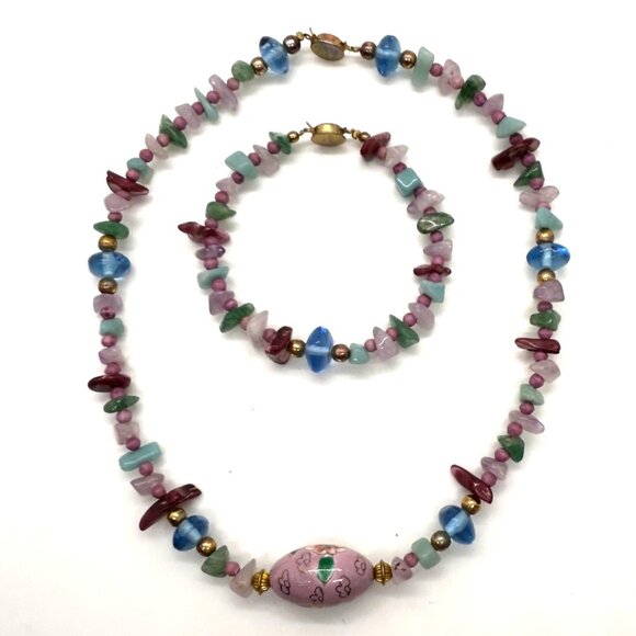 Cloisonné Bead Necklace with Multicolor Natural Stone & Glass and Bracelet - Picture 2 of 16